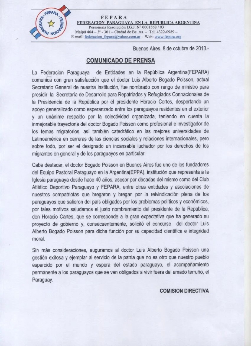 FEPARA COMUNICADO P. BOGADO POISSON