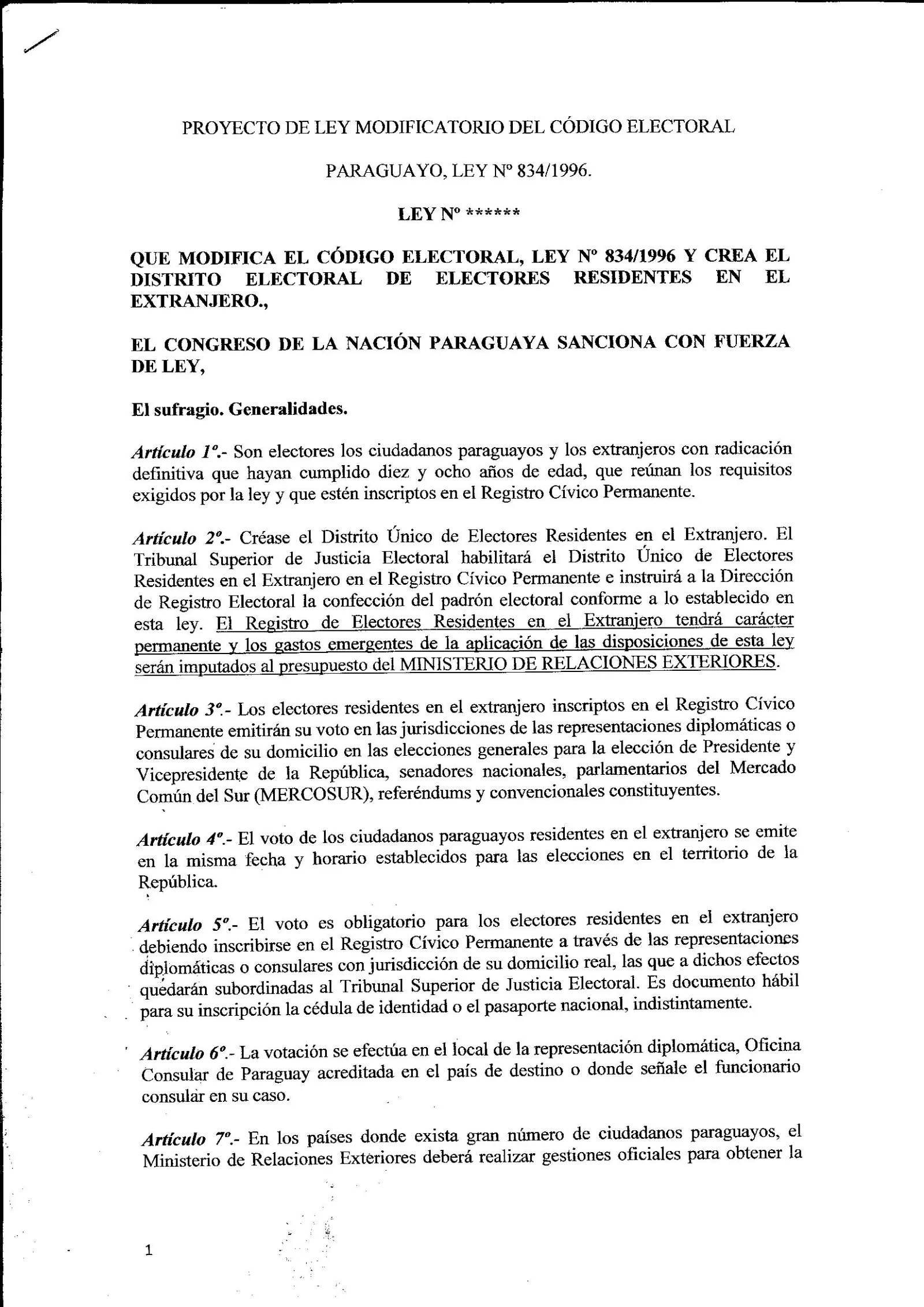 Hoja 1 del Proyecto Electoral presentado por Fepara a la Cámara de Diputados en marzo de 2012
