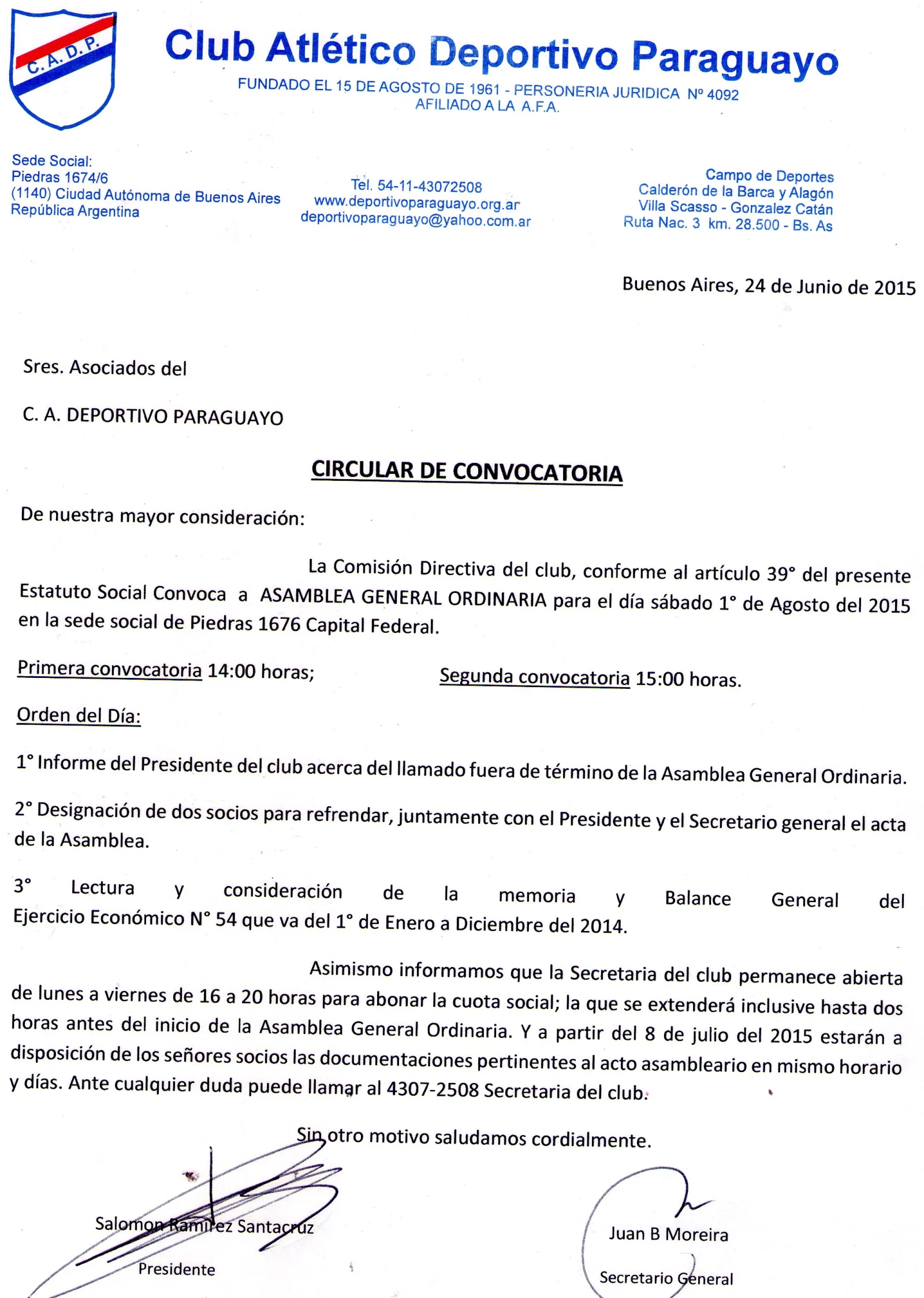 CIRCULAR CONVOCATORIA ASAMBLEA 2015