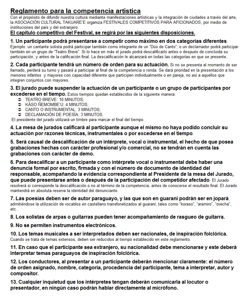 Takuaree 2015 Reglamento