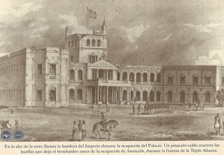 “Cuartel de Caballería Riograndense”, nombre que llevó el Palacio de los López durante la ocupación aliada de Asunción. Nótese la bandera brasilera flameando en lo alto del edificio. (foto taringa.net)