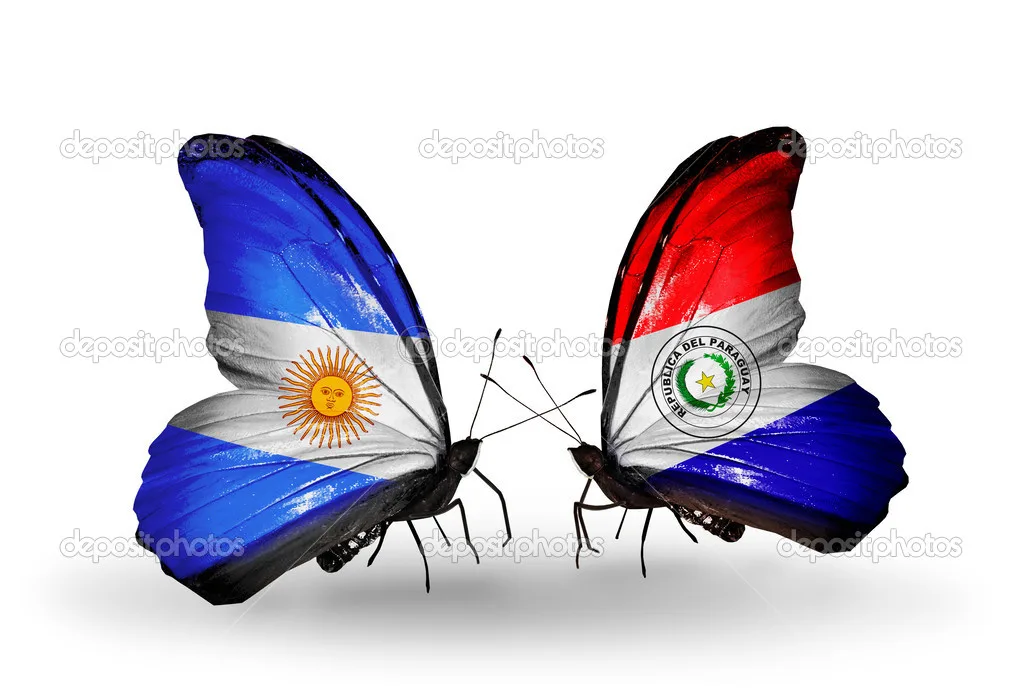 Two butterflies with flags on wings as symbol of relations Argentina and Paraguay