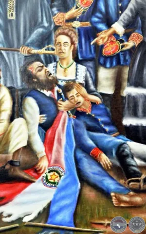 Madama Lynch llora desconsolada ante la muerte del Mariscal Francisco Solano López y su hijo Panchito. (Pintura de Fidel David Fernández) – Imagen: Portal Guaraní