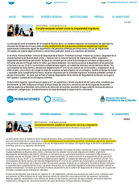 Página Web oficial de Migraciones con el título “Complementación estatal contra la irregularidad migratoria” – noticia que ahora ya no figura en la misma