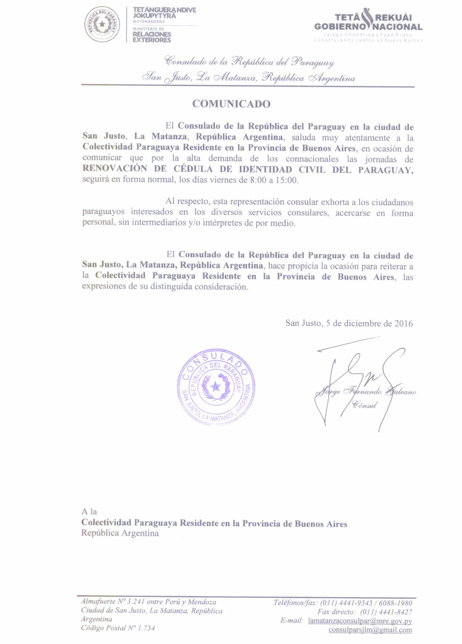 El comunicado consular es del 05-12-16