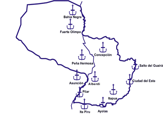 Ubicación de las bases navales del Paraguay